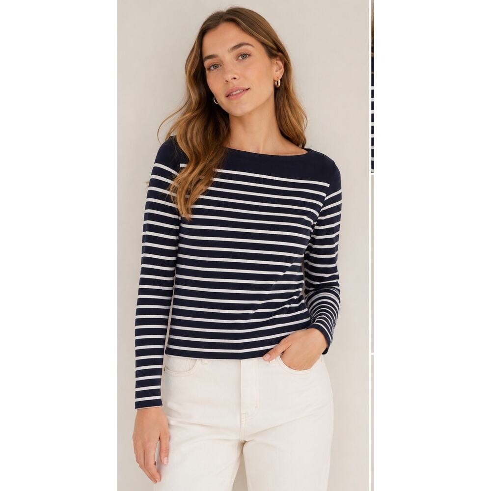 J.Crew Navy White Stripe Boatneck Cotton Top Small